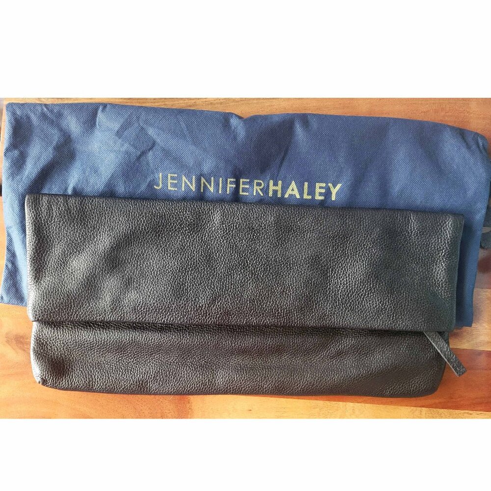 Jennifer Haley Pebbled Leather Oversized Fold Over Zip Closure Evening Clutch